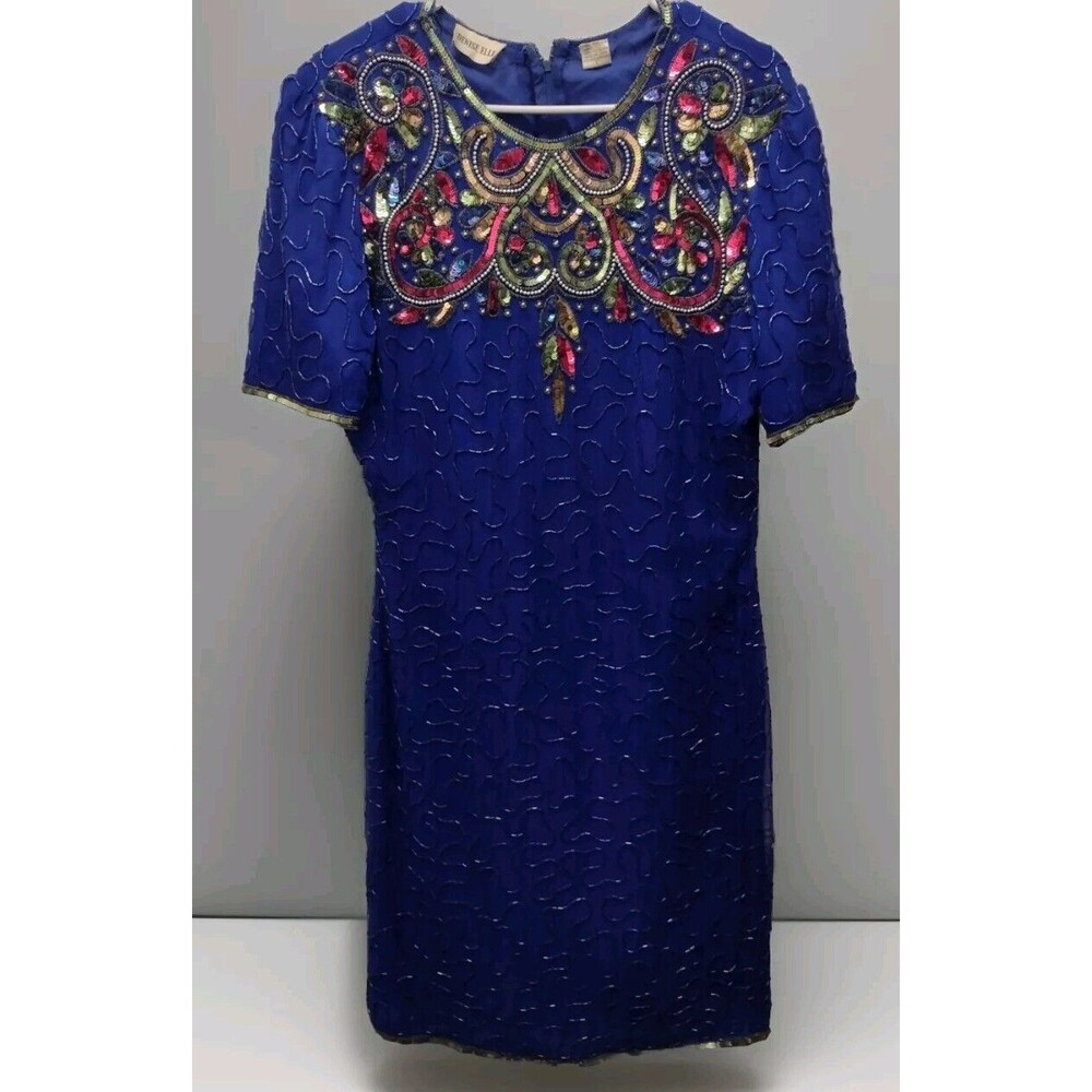 Denise Elle Vintage Blue Beaded Sequin Silk Dress Sz L